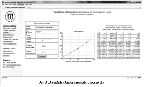Подпись:  
Рис. 3. Интерфейс «Решение нелинейных уравнений»

